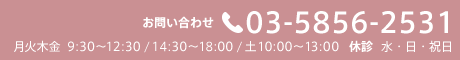 お問い合わせ 03-5856-2531  診療時間 月火木金 9:30〜12:30 / 14:30〜18:00  土 10:00〜13:00  休診 水・日・祝日